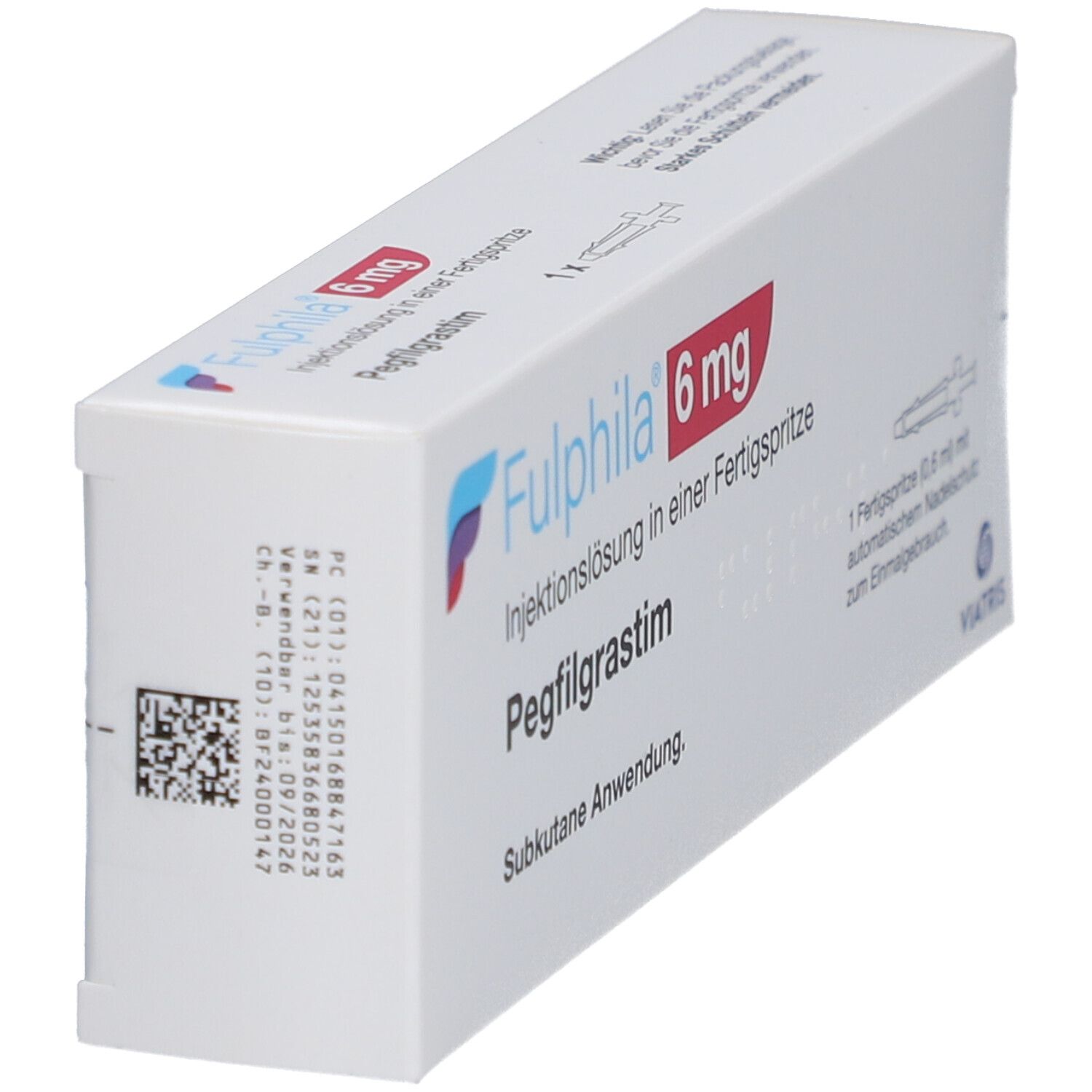 Schräg gestellte weiße Faltschachtel mit FULPHILA 6 mg. Text: Injektionslösung, Pegfilgrastim. Viatris Logo.