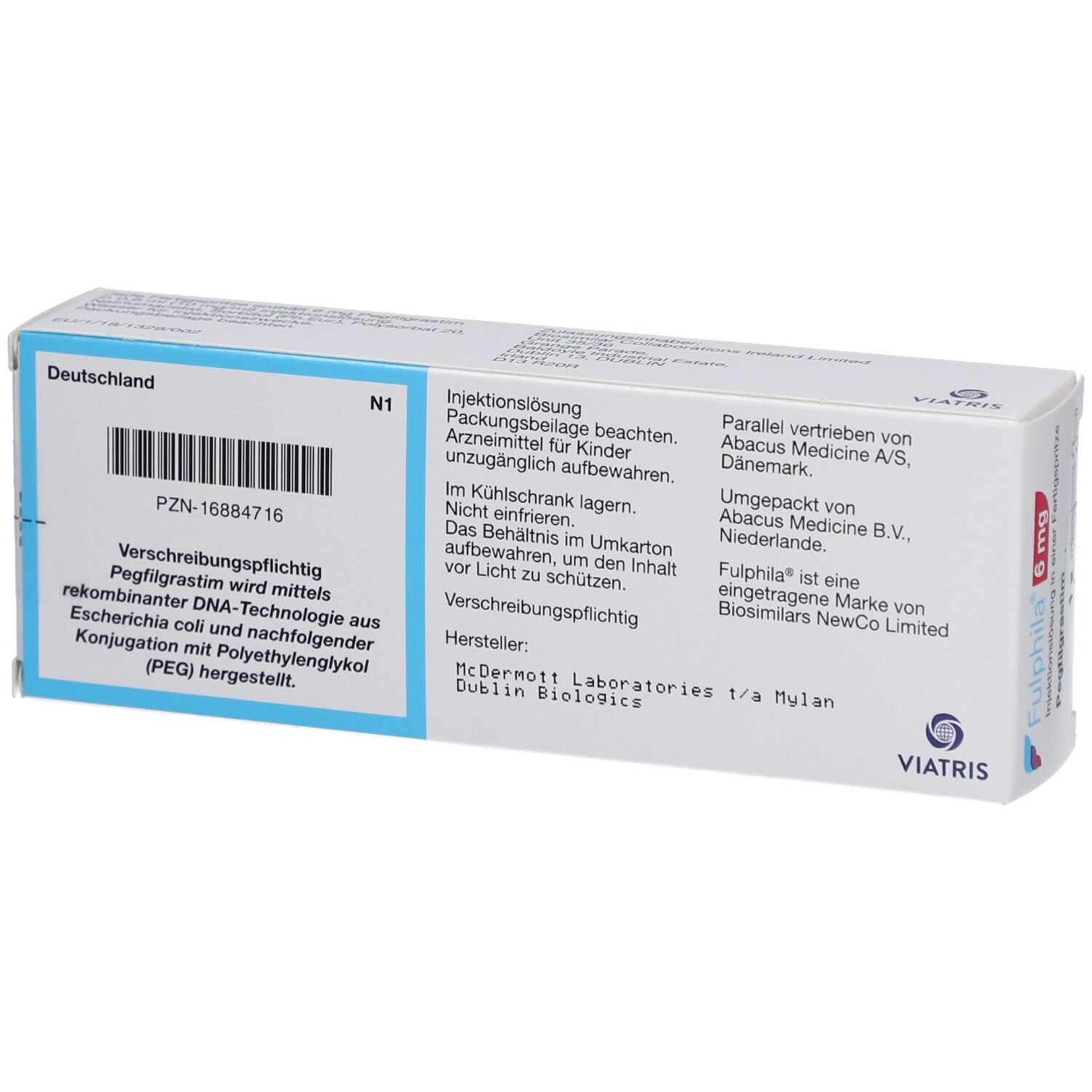 Rückseite der Faltschachtel. Text: Deutschland, PZN, Chargennummer, Hersteller, Viatris Logo.