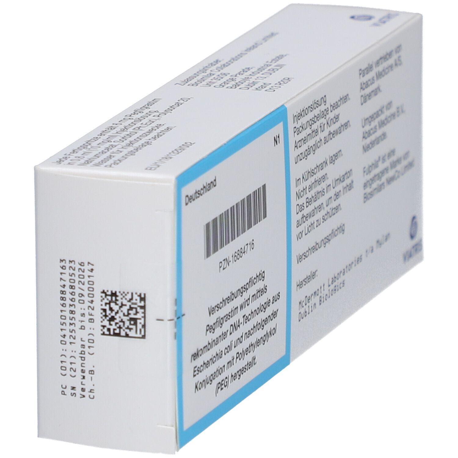Schräg gestellte Rückseite der Faltschachtel. Text: Deutschland, PZN, Chargennummer, Hersteller, Viatris Logo.