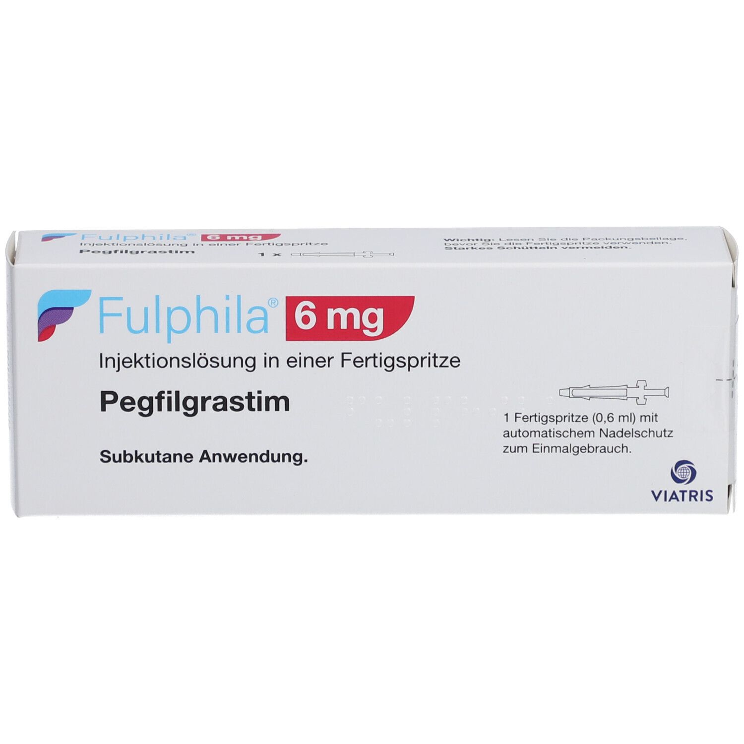 Weiße Faltschachtel mit FULPHILA 6 mg. Text: Injektionslösung, Pegfilgrastim, Fertigspritze. Viatris Logo.