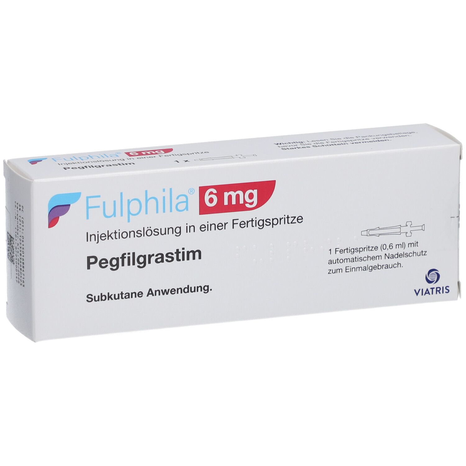 Weiße Faltschachtel mit FULPHILA 6 mg. Text: Injektionslösung, Pegfilgrastim, Fertigspritze. Viatris Logo.
