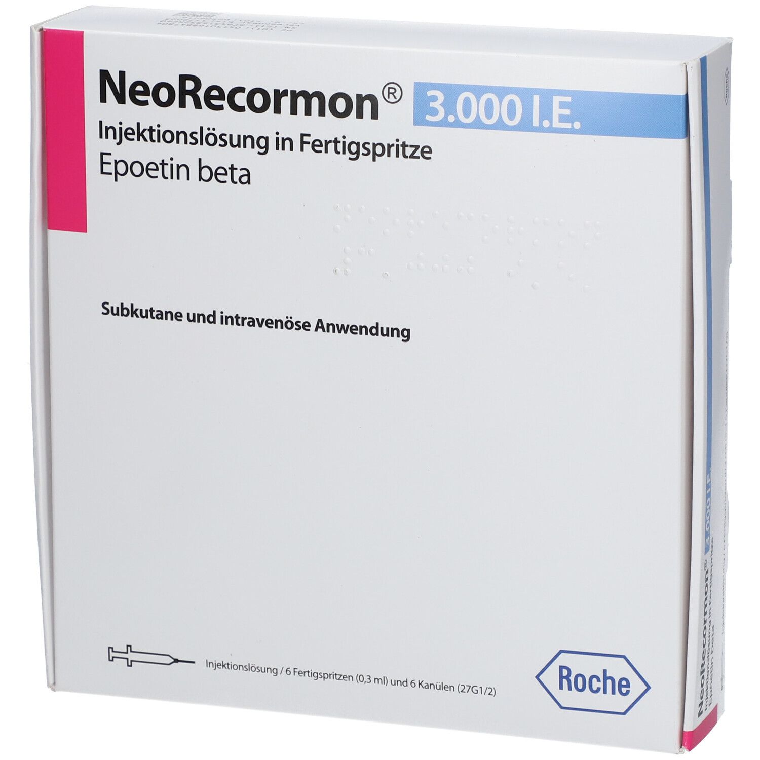 Weißer Karton mit Produktnamen und blauer Schrift. Pinker Streifen links. Roche-Logo unten rechts.