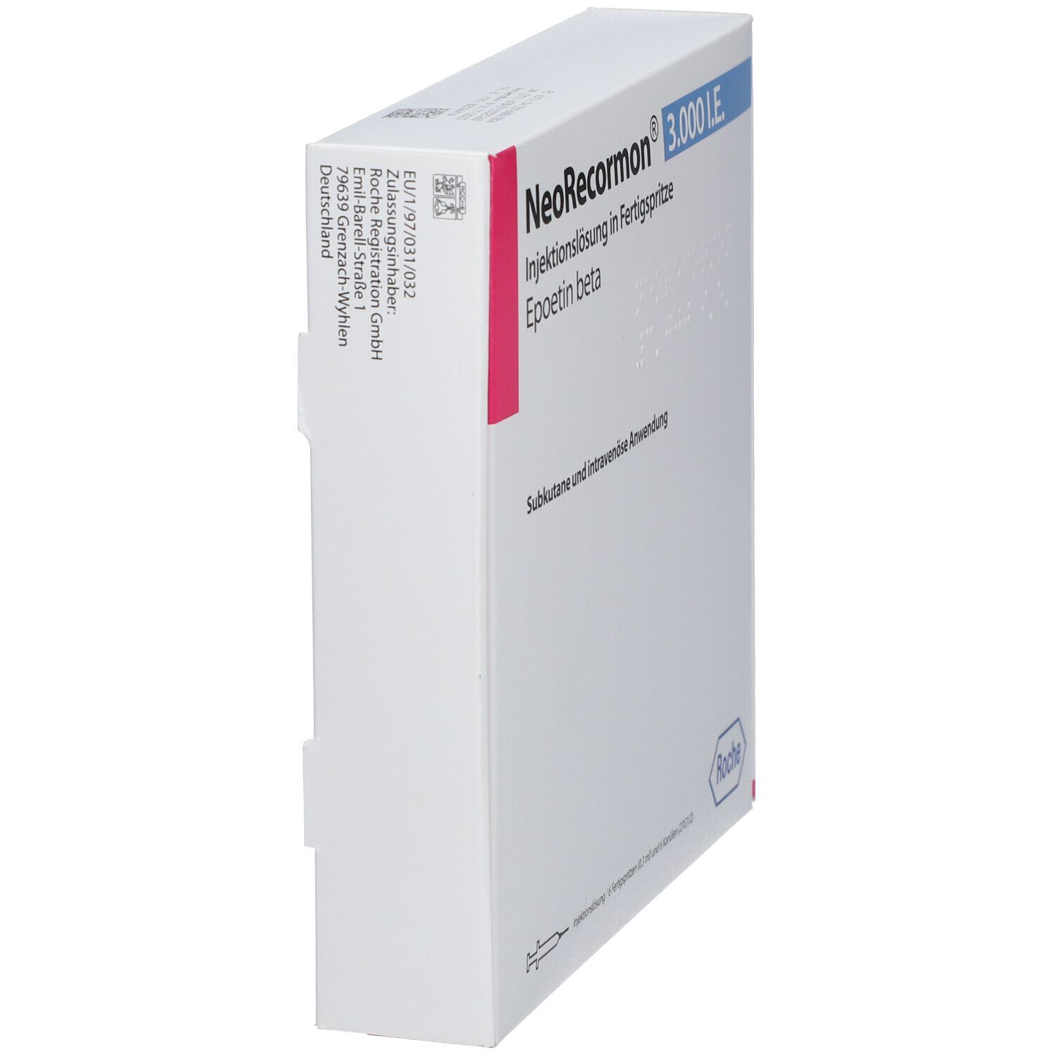 Karton in Schrägansicht. Produktname und blaue Schrift sichtbar. Pinker Streifen. Roche-Logo.