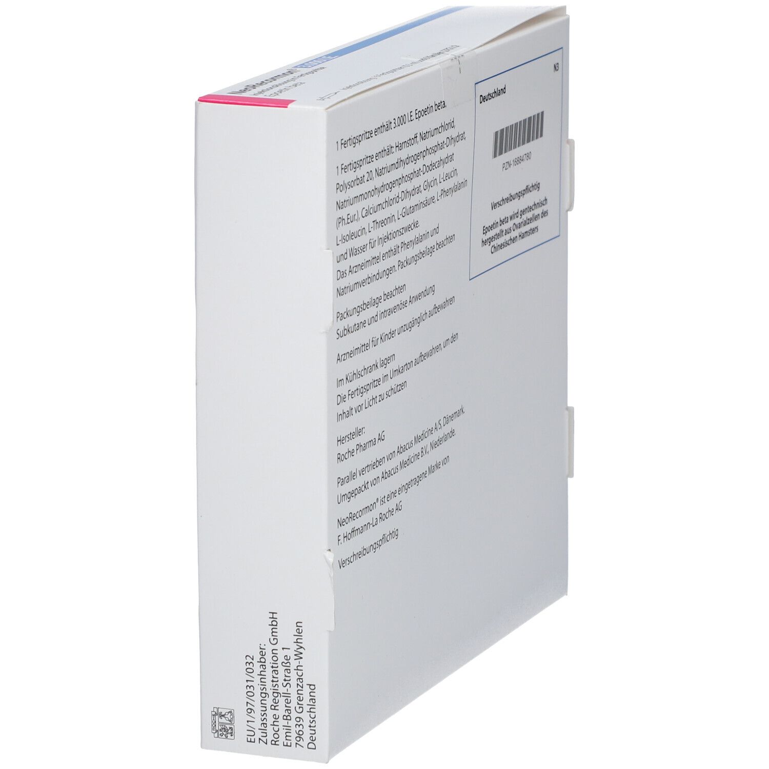 Karton in Schrägansicht. Rückseite mit Text. Barcode und PZN-Nummer sichtbar.