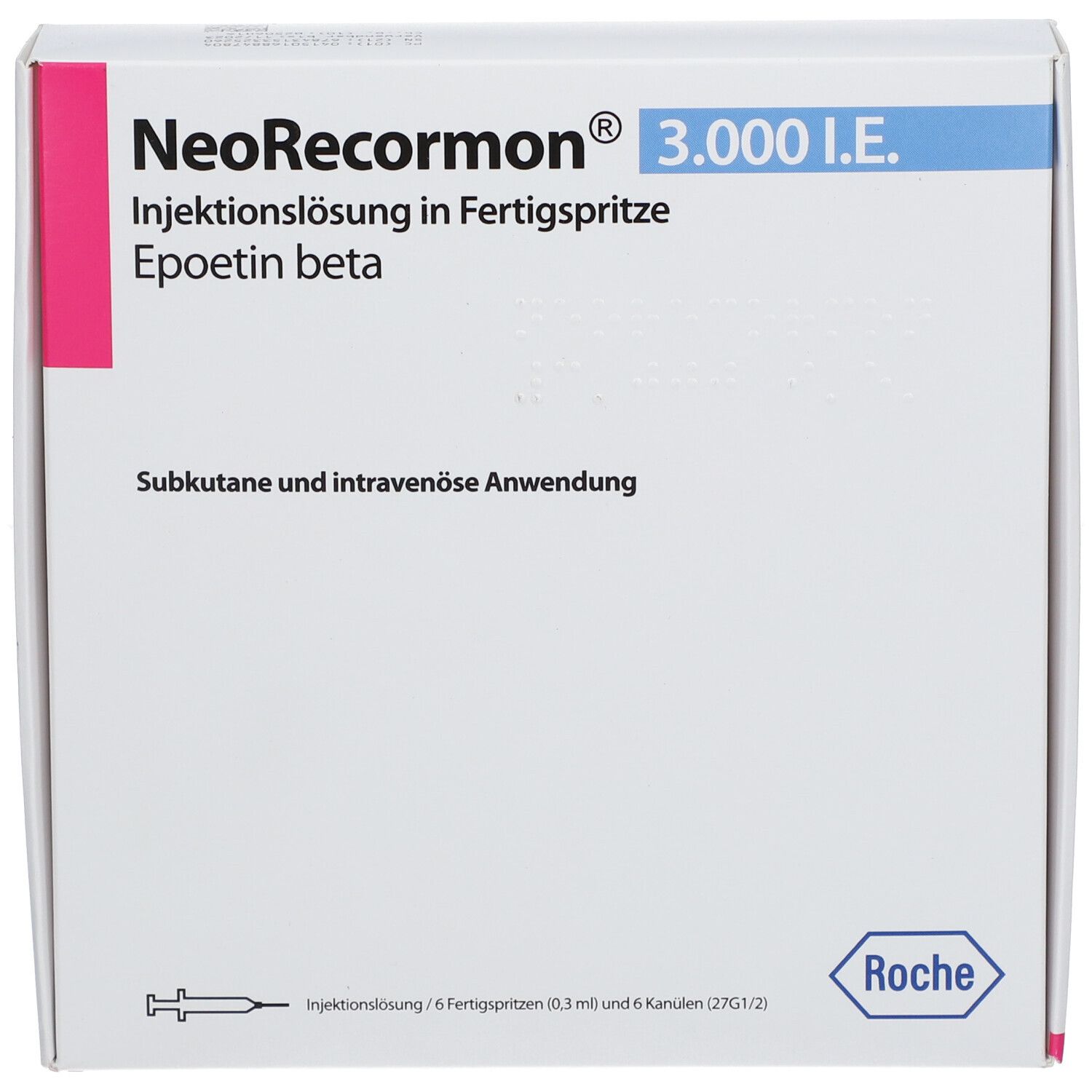 Weißer Karton mit Produktnamen und blauer Schrift. Pinker Streifen links. Roche-Logo unten rechts.