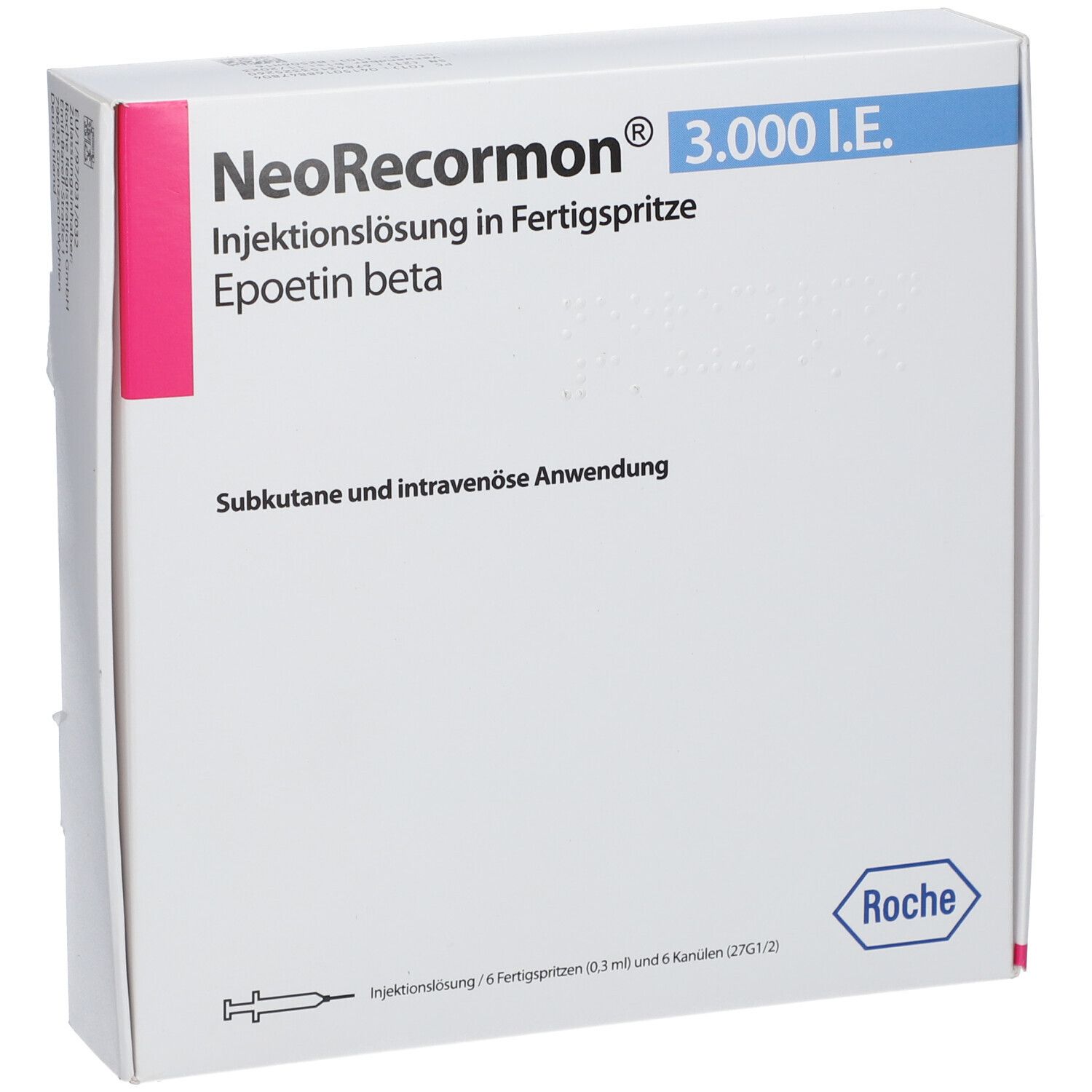 Weißer Karton mit Produktnamen und blauer Schrift. Pinker Streifen links. Roche-Logo unten rechts.