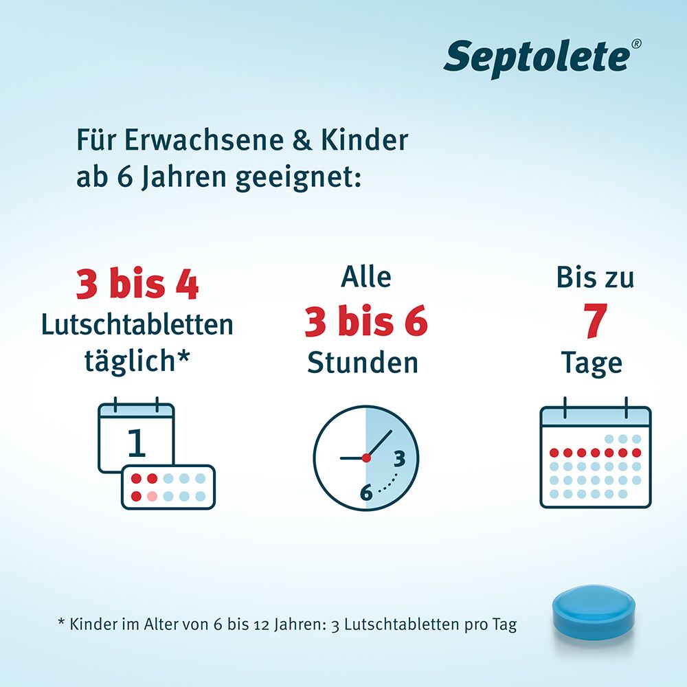 Septolete: 3-4 Lutschtabletten täglich, alle 3-6 Stunden, bis zu 7 Tage. Für Erwachsene & Kinder ab 6 Jahren.