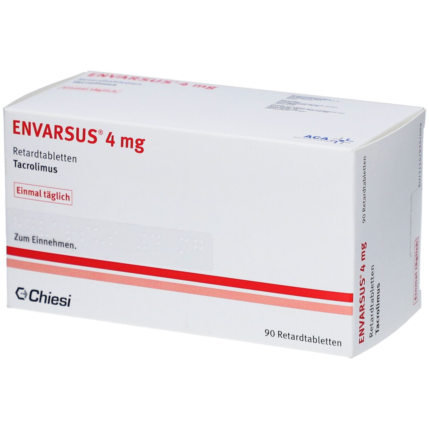 Weiße Schachtel mit ENVARSUS 4 mg Retardtabletten. Aufdrucke: Tacrolimus, einmal täglich, 90 Retardtabletten. Hersteller: Chiesi.