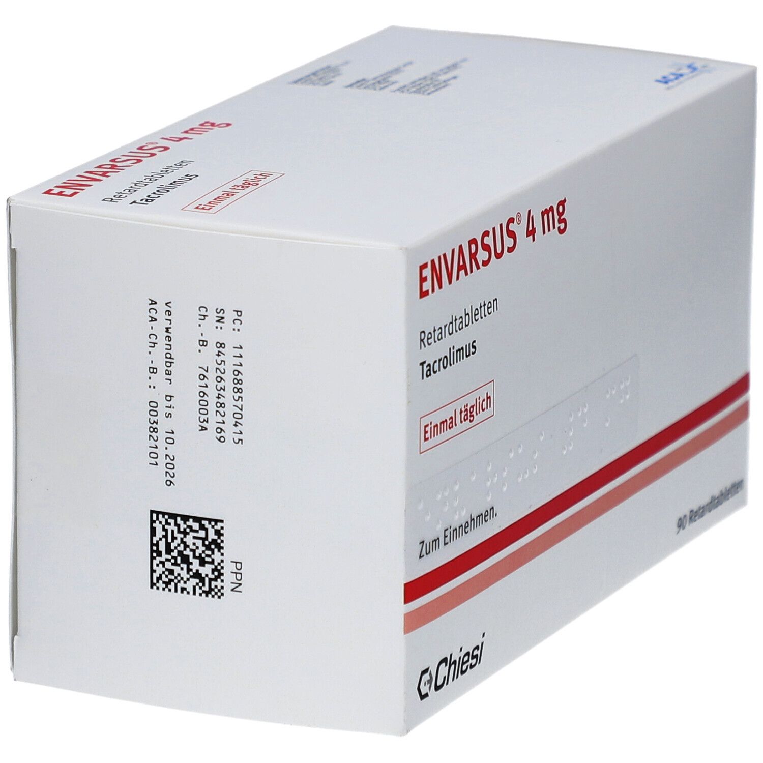 Weiße Schachtel ENVARSUS 4 mg Retardtabletten. Aufdrucke: Tacrolimus, einmal täglich, 90 Retardtabletten. Mit Barcode und QR-Code.