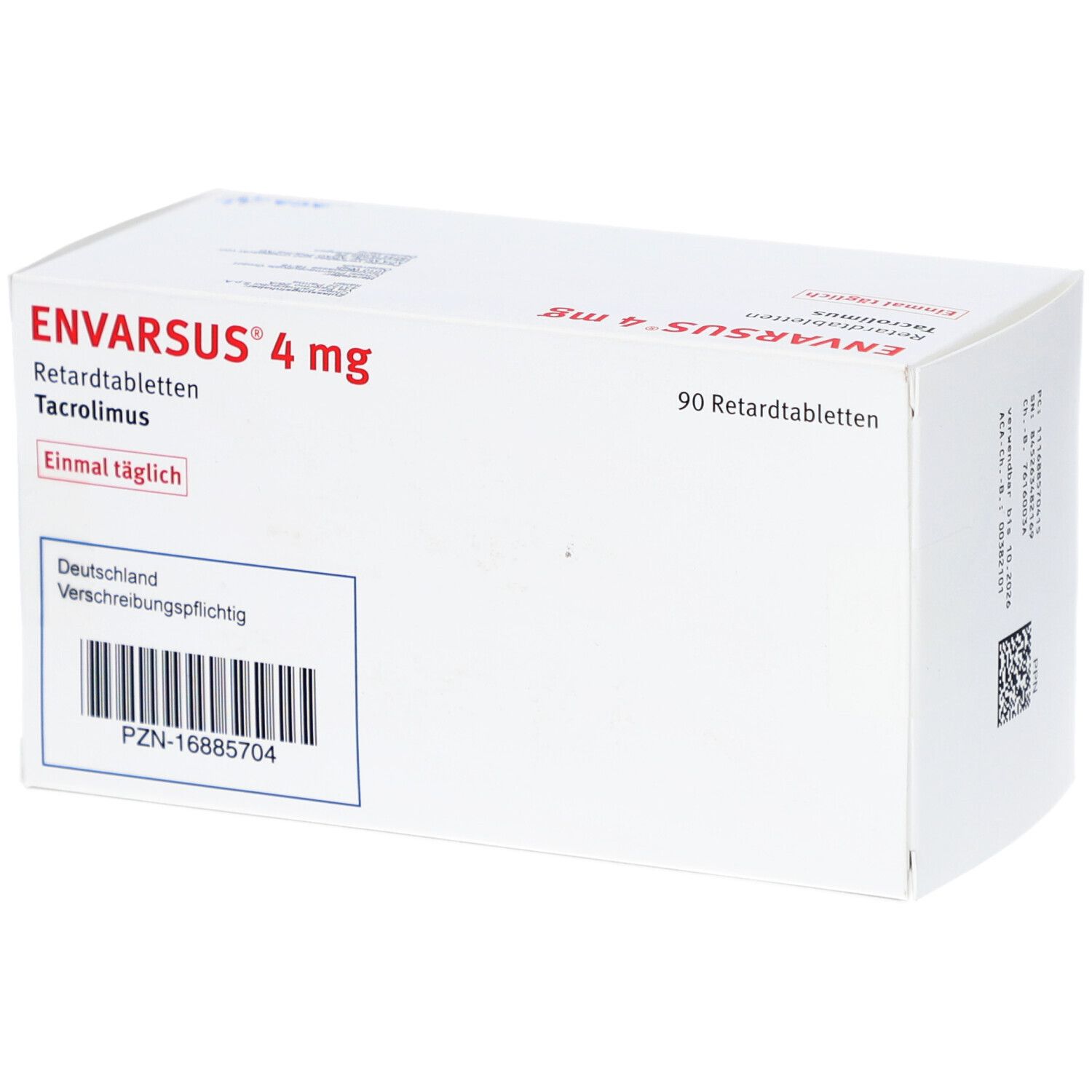 Weiße Schachtel ENVARSUS 4 mg Retardtabletten. Aufdrucke: Tacrolimus, einmal täglich, 90 Retardtabletten. Mit Barcode.