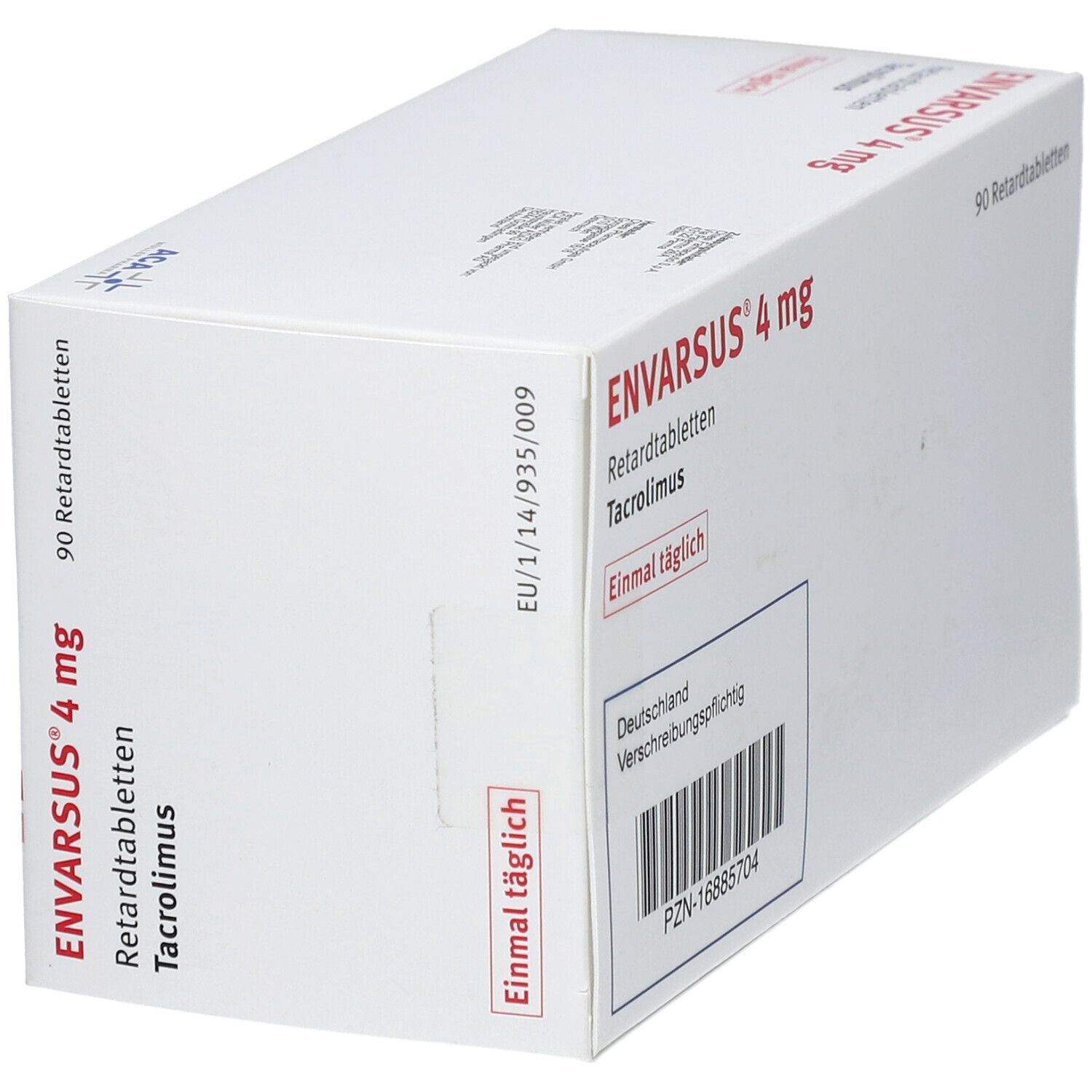 Weiße Schachtel ENVARSUS 4 mg Retardtabletten. Aufdrucke: Tacrolimus, einmal täglich, 90 Retardtabletten. Mit Barcode.