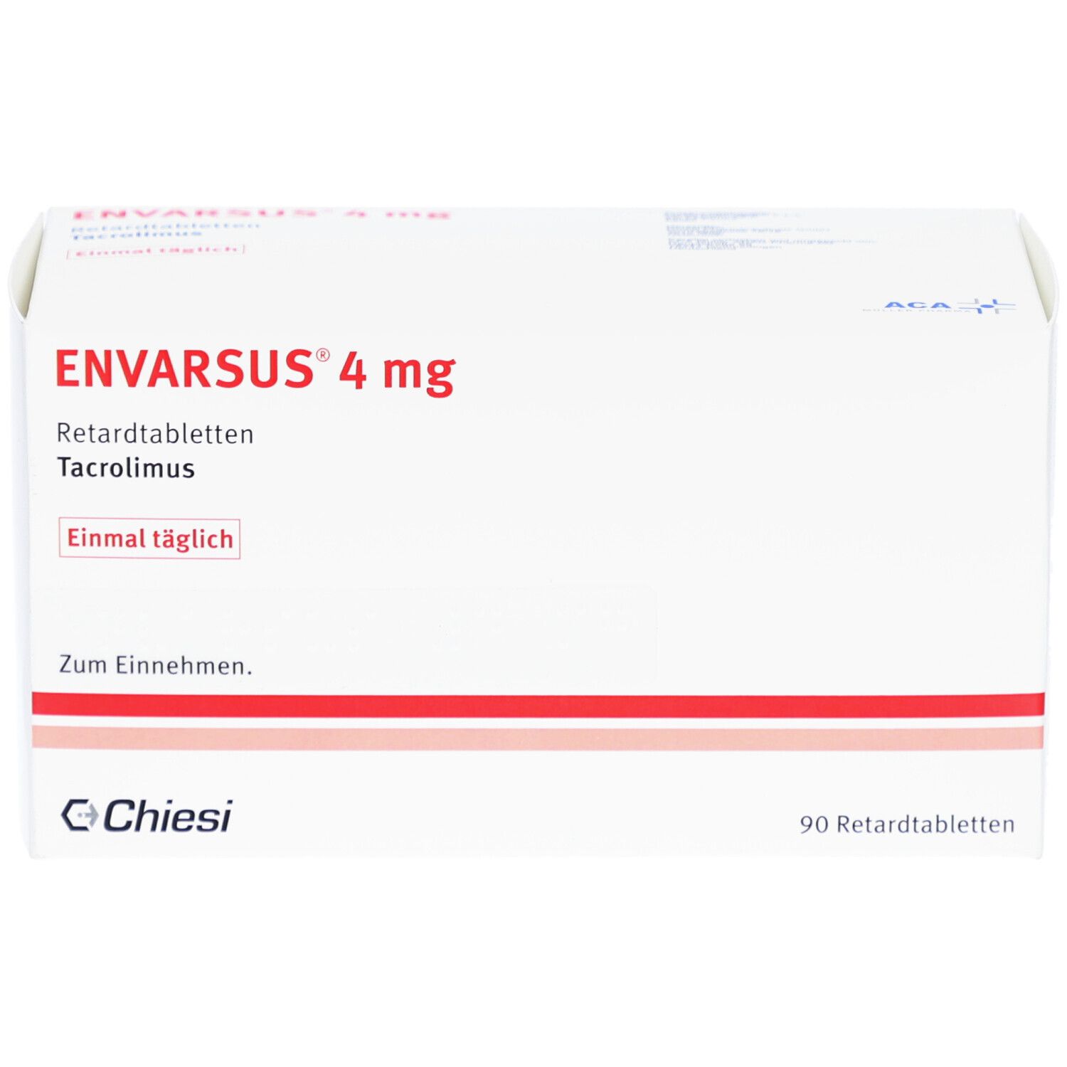 Weiße Schachtel ENVARSUS 4 mg Retardtabletten. Aufdrucke: Tacrolimus, einmal täglich, 90 Retardtabletten. Hersteller: Chiesi.
