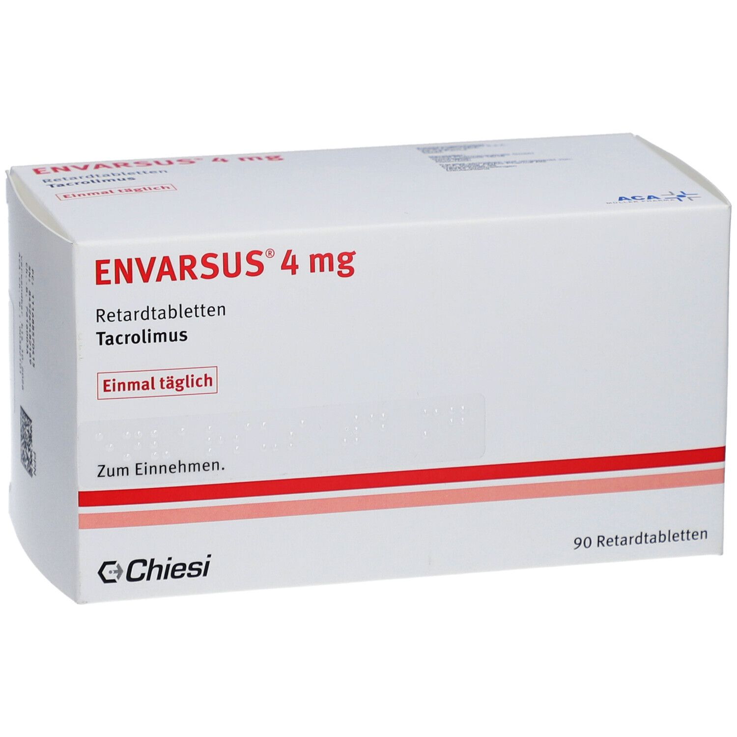 Weiße Schachtel ENVARSUS 4 mg Retardtabletten. Aufdrucke: Tacrolimus, einmal täglich, 90 Retardtabletten. Hersteller: Chiesi.