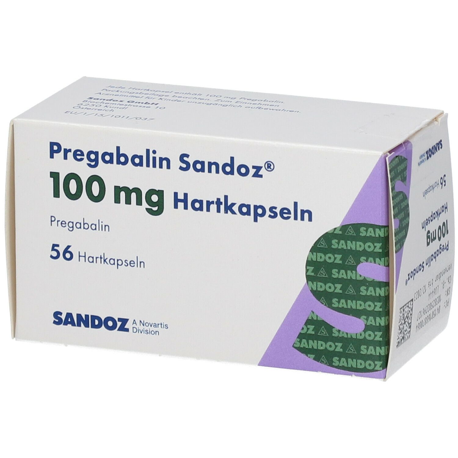 Schachtel Pregabalin Sandoz® 100 mg Hartkapseln. Aufschrift: 56 Hartkapseln. Marke Sandoz. Verpackung mit lila Akzenten.