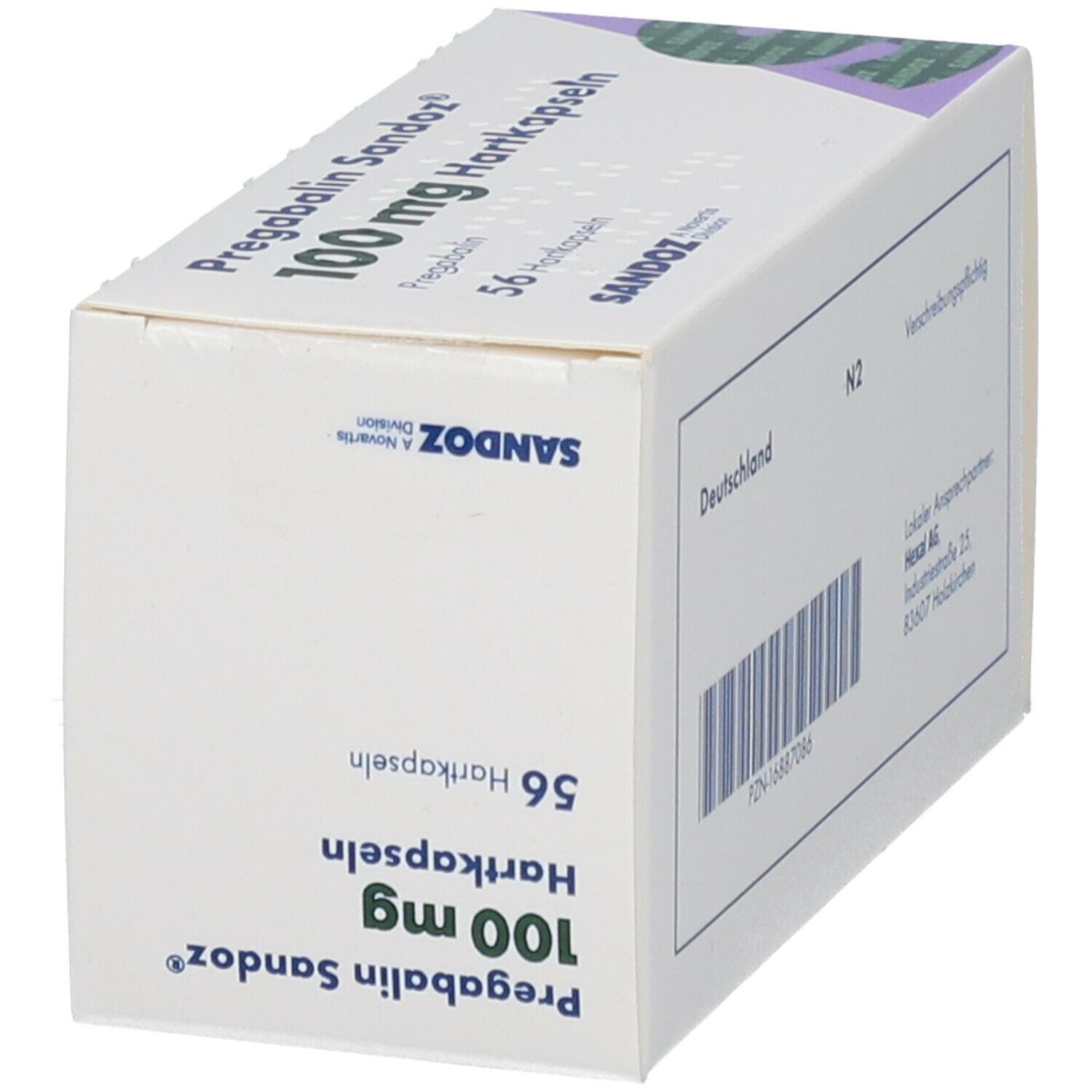 Schachtel Pregabalin Sandoz® 100 mg Hartkapseln. Marke Sandoz. Aufschrift: 56 Hartkapseln. Perspektivische Ansicht.