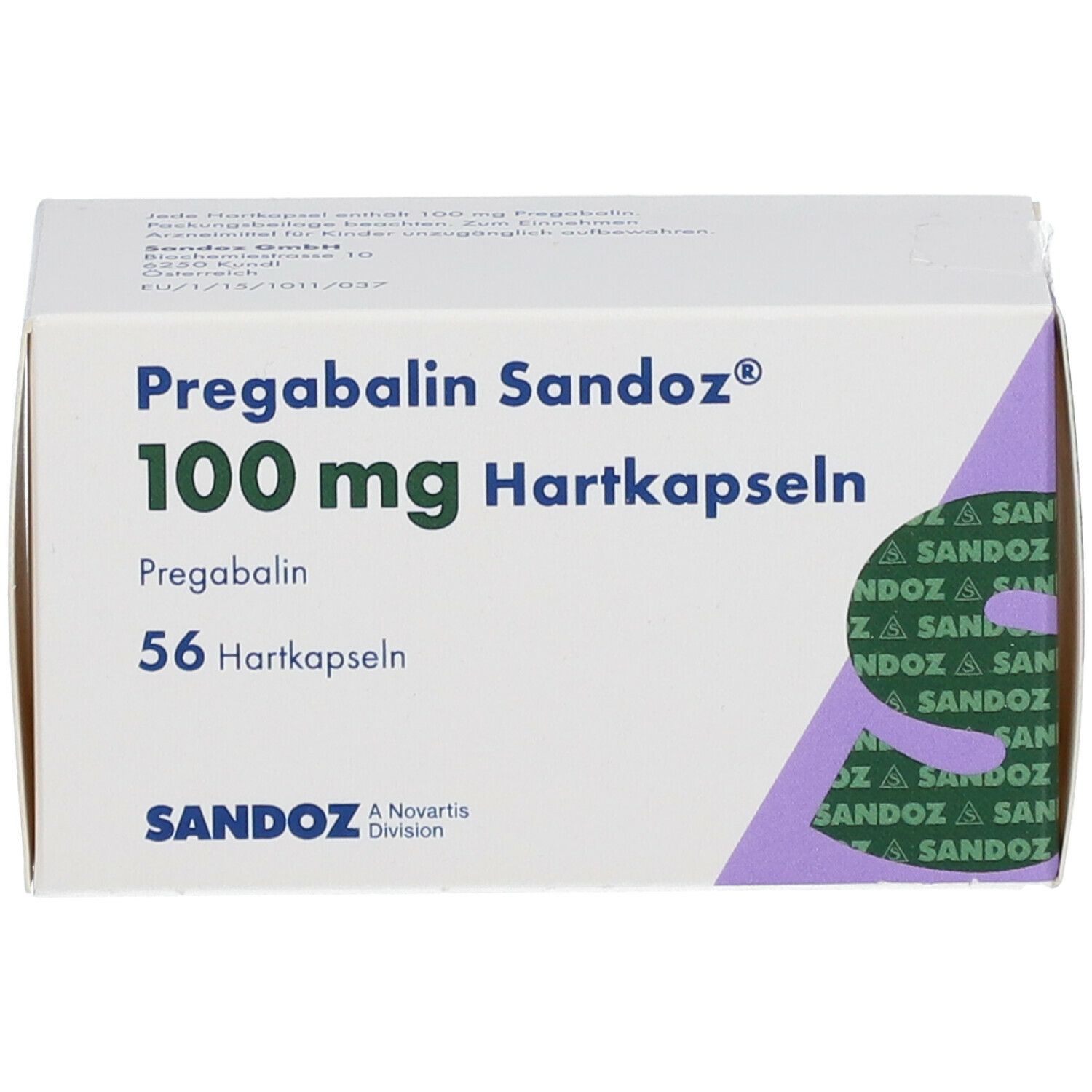 Schachtel Pregabalin Sandoz® 100 mg Hartkapseln. Aufschrift: 56 Hartkapseln. Marke Sandoz. Verpackung mit lila Akzenten.