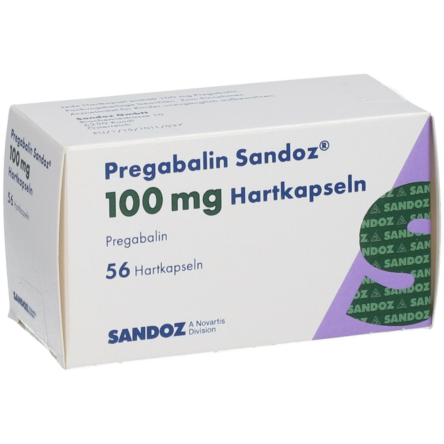 Schachtel Pregabalin Sandoz® 100 mg Hartkapseln. Aufschrift: 56 Hartkapseln. Marke Sandoz. Verpackung mit lila Akzenten.