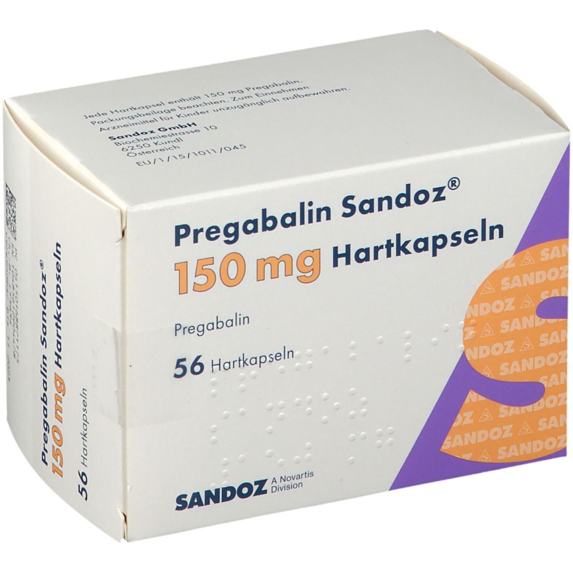 Schachtel Pregabalin Sandoz® 150 mg Hartkapseln. 56 Hartkapseln. Sandoz-Logo. Weiß, lila und orangefarbenes Design.