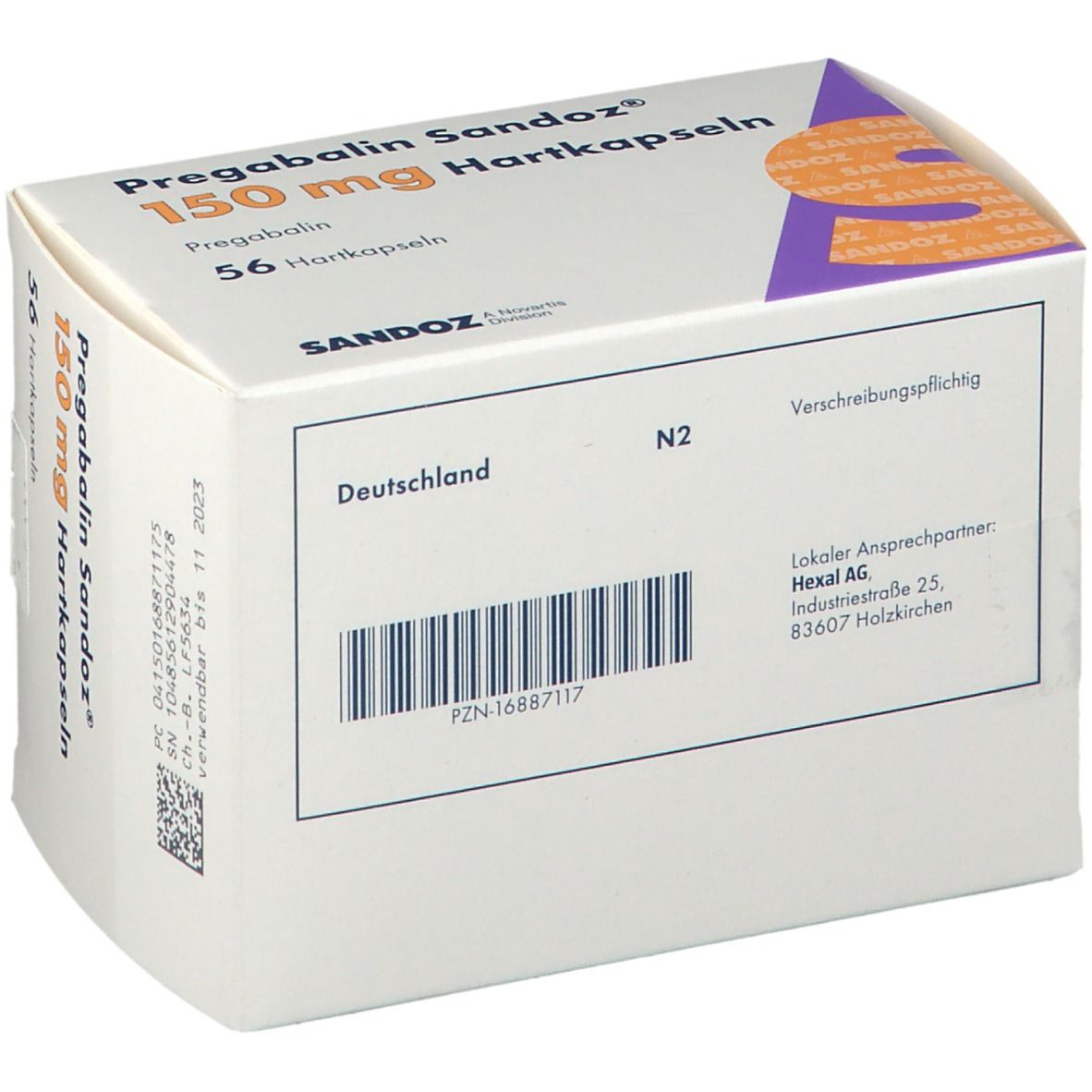 Schachtel Pregabalin Sandoz® 150 mg Hartkapseln. 56 Hartkapseln. Sandoz-Logo. Weiß, lila und orangefarbenes Design.