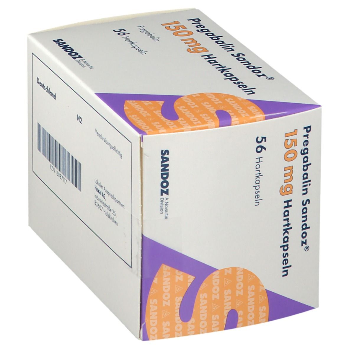 Schachtel Pregabalin Sandoz® 150 mg Hartkapseln. 56 Hartkapseln. Sandoz-Logo. Weiß, lila und orangefarbenes Design.