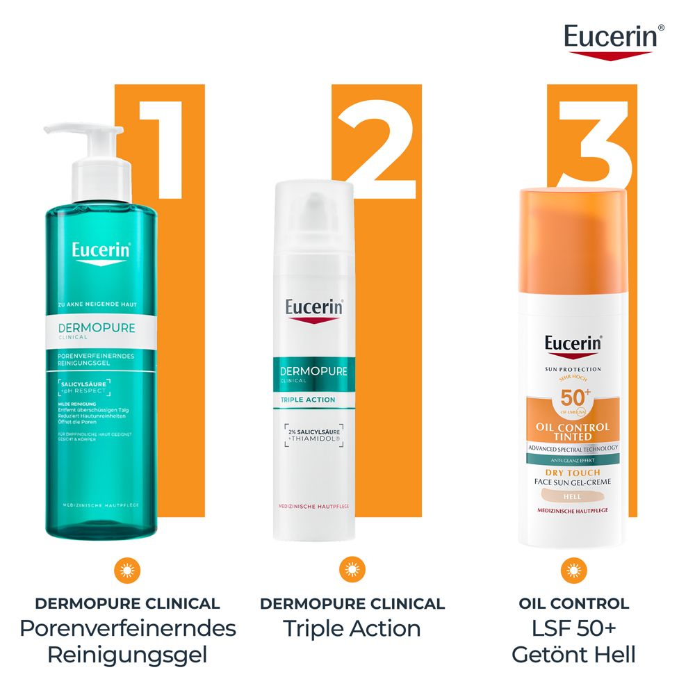 3 Produkte nebeneinander. Eucerin Dermopure Reinigungsgel, Triple Action, Oil Control LSF 50+ Getönt Hell. Orangefarbener Hintergrund.