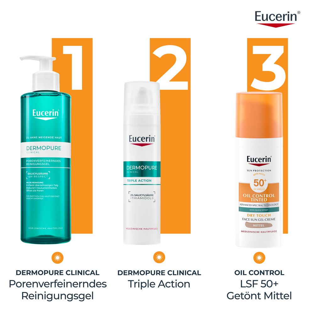 Drei Eucerin Produkte. Dermopure Reinigungsgel, Triple Action, Oil Control LSF 50+ getönt Mittel.