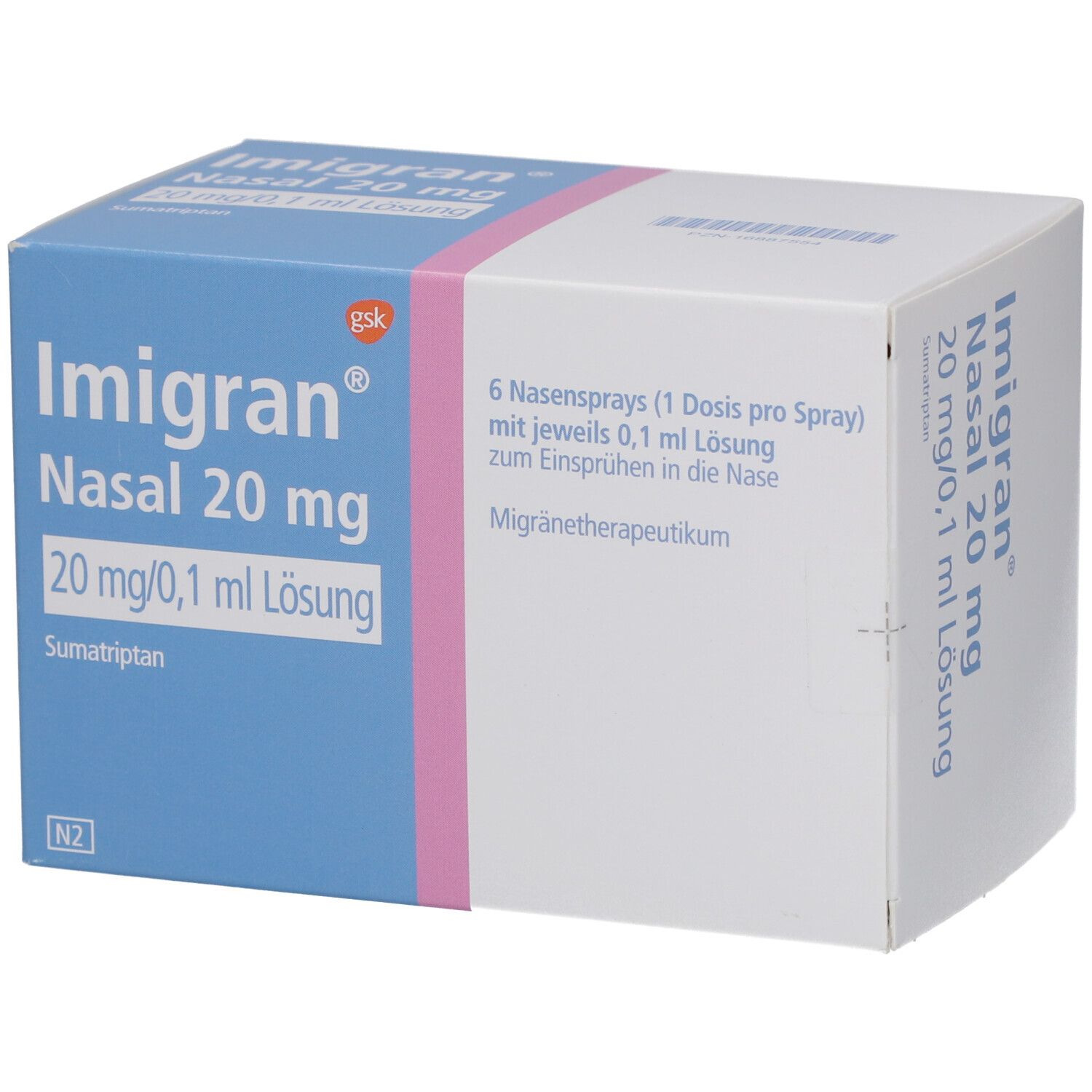 Karton von Imigran Nasal 20 mg Nasenspray. Blaue und weiße Verpackung mit Produktinformationen und Logo.