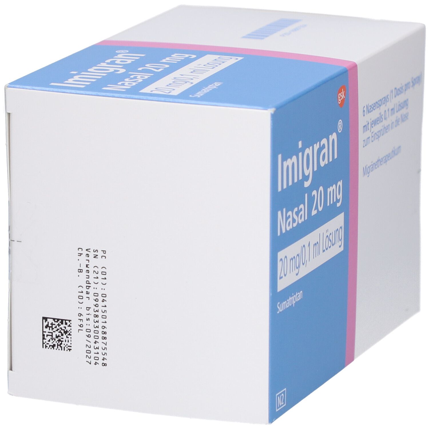 Karton von Imigran Nasal 20 mg Nasenspray. Blaue und weiße Verpackung mit Produktinformationen und Logo.
