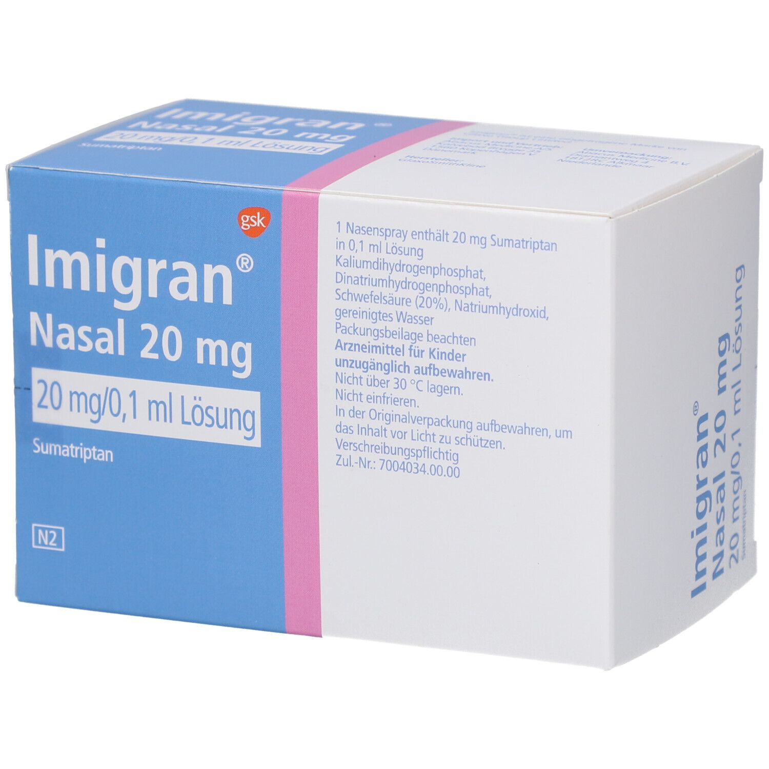 Karton von Imigran Nasal 20 mg Nasenspray. Blaue und weiße Verpackung mit Produktinformationen und Logo.