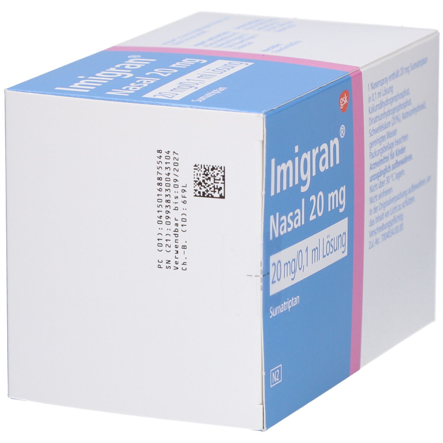 Karton von Imigran Nasal 20 mg Nasenspray. Blaue und weiße Verpackung mit Produktinformationen und Logo.