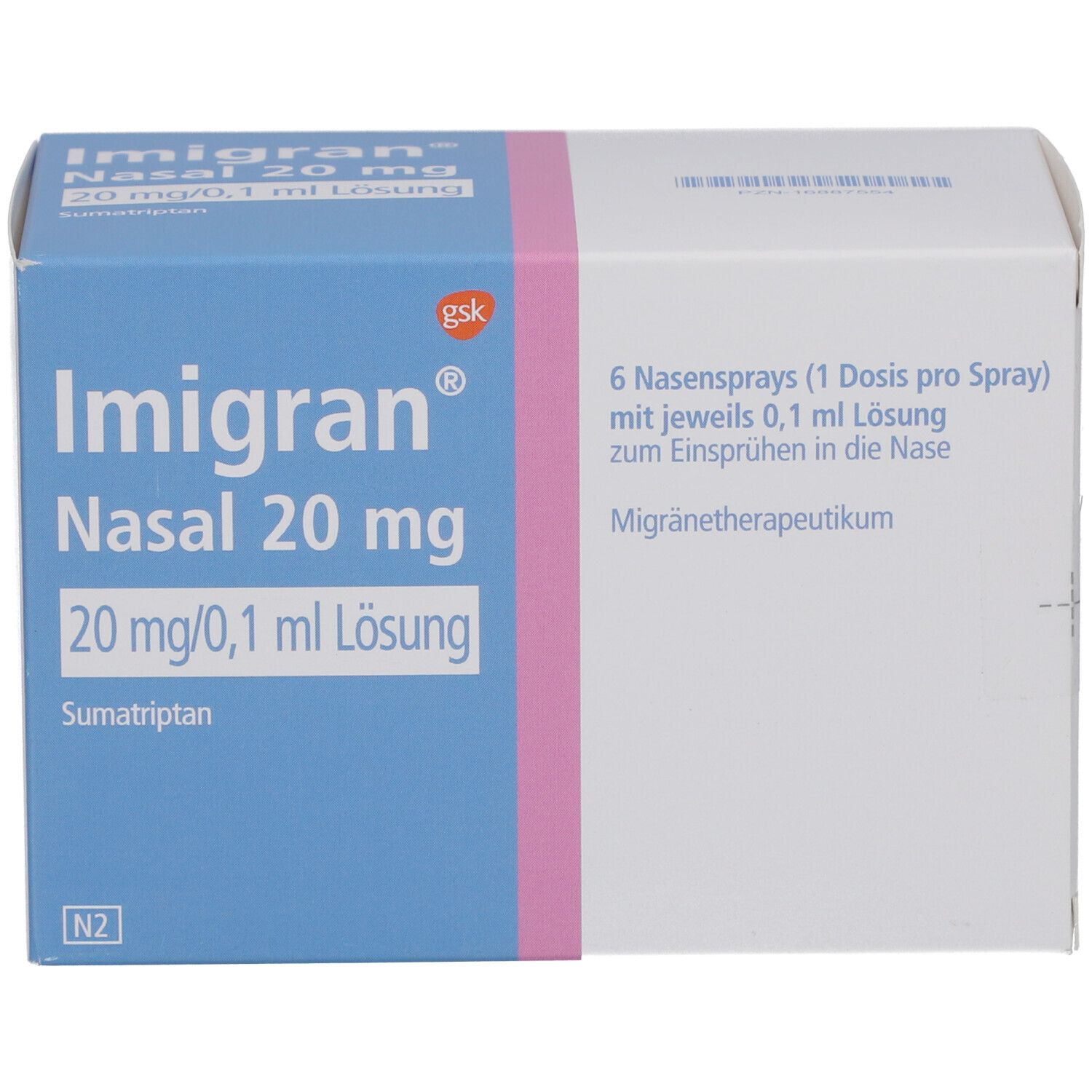 Karton von Imigran Nasal 20 mg Nasenspray. Blaue und weiße Verpackung mit Produktinformationen und Logo.