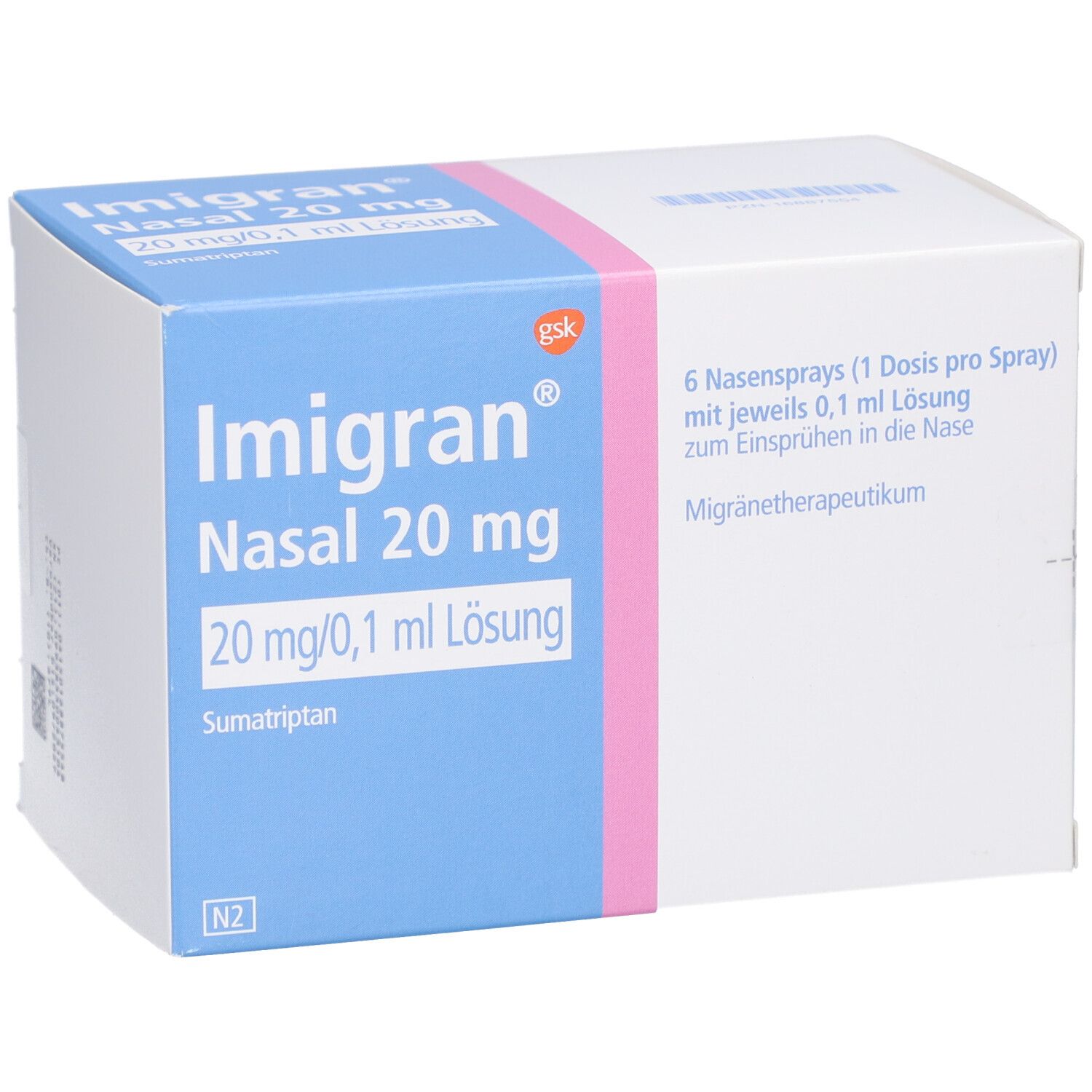 Karton von Imigran Nasal 20 mg Nasenspray. Blaue und weiße Verpackung mit Produktinformationen und Logo.