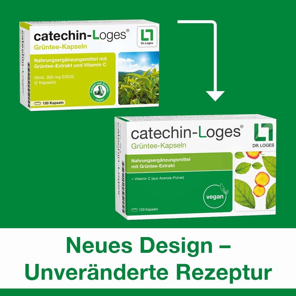 Vergleich von catechin-Loges® Grüntee-Kapseln. Neues Design, unveränderte Rezeptur. Zwei Packungen, Pfeil.