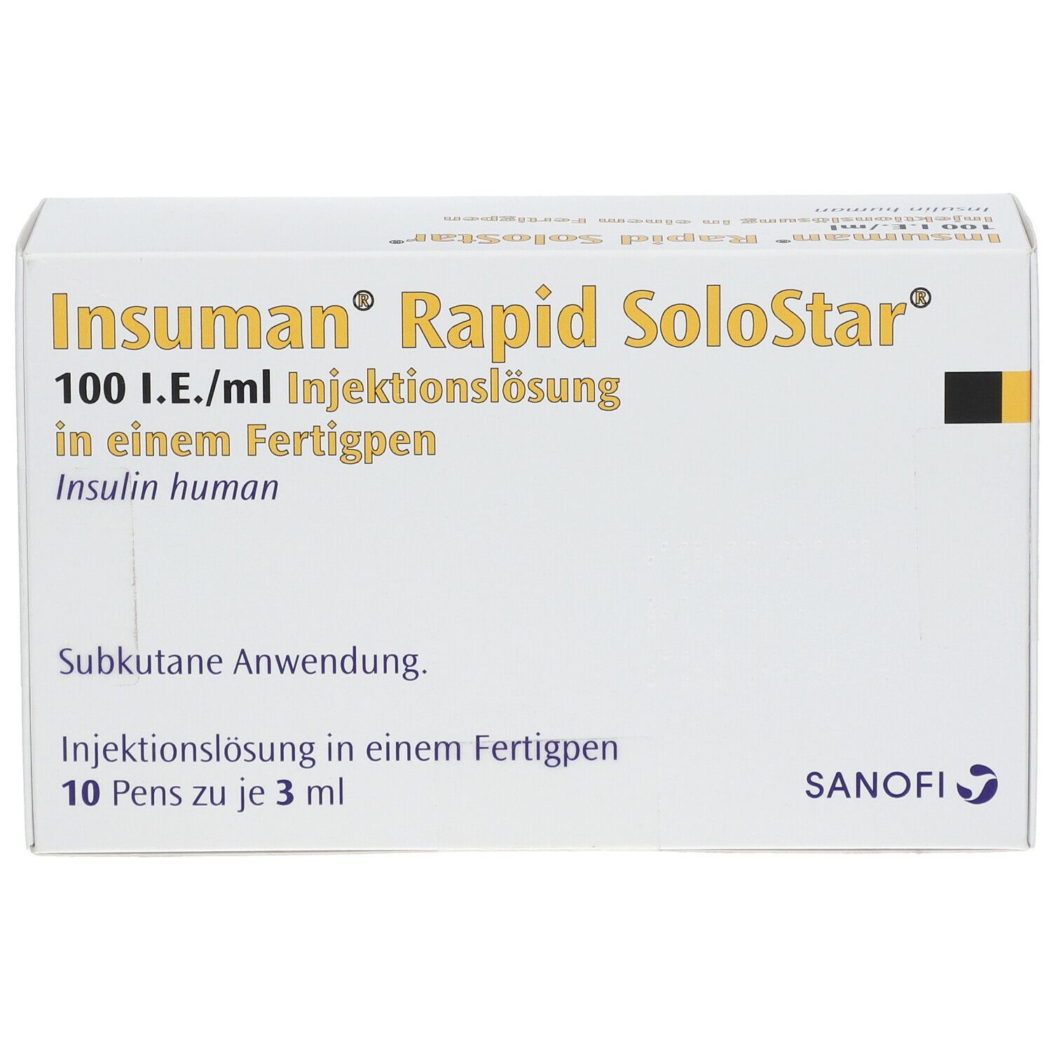 Weiße Verpackung mit Aufschrift 'Insuman Rapid SoloStar'. Enthält 100 I.E./ml Injektionslösung in einem Fertigpen. Sanofi Logo.