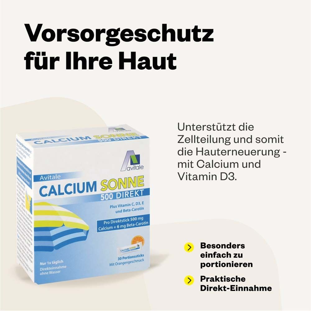 Schachtel CALCIUM SONNE 500 DIREKT. Text: Vorsorgeschutz für Ihre Haut. Unterstützt die Zellerneuerung.