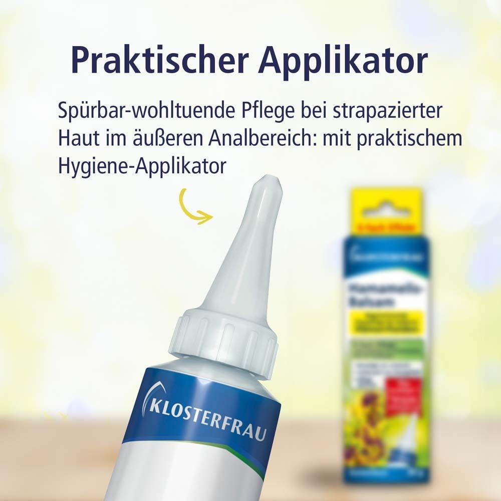 Klosterfrau Hamamelis-Balsam. Produkt mit Applikator. Praktischer Applikator. Produkt im Hintergrund.