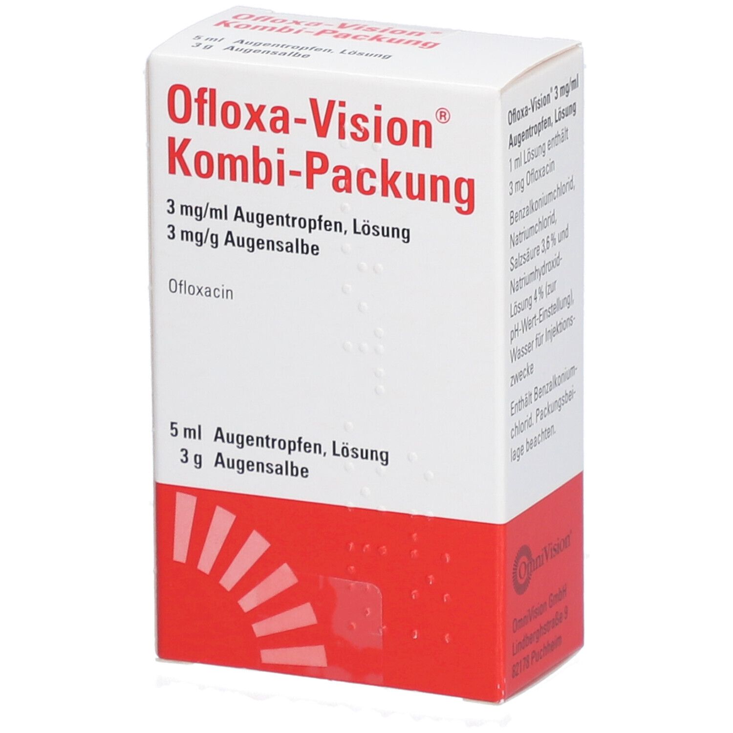 OFLOXA-Vision Kombi-Packung. Weiße Faltschachtel mit rotem Akzent. Produktinformationen und Logo.