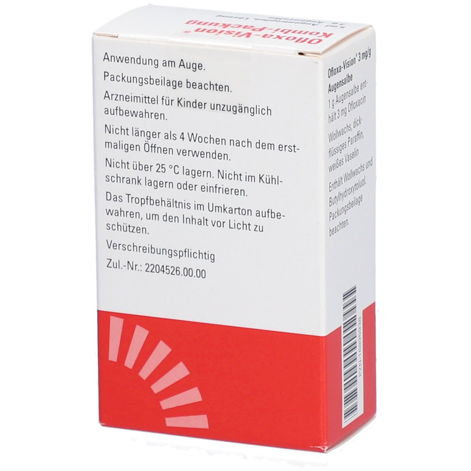 OFLOXA-Vision Kombi-Packung. Detailansicht der Rückseite mit Anwendungshinweisen und Zulassungsnummer.