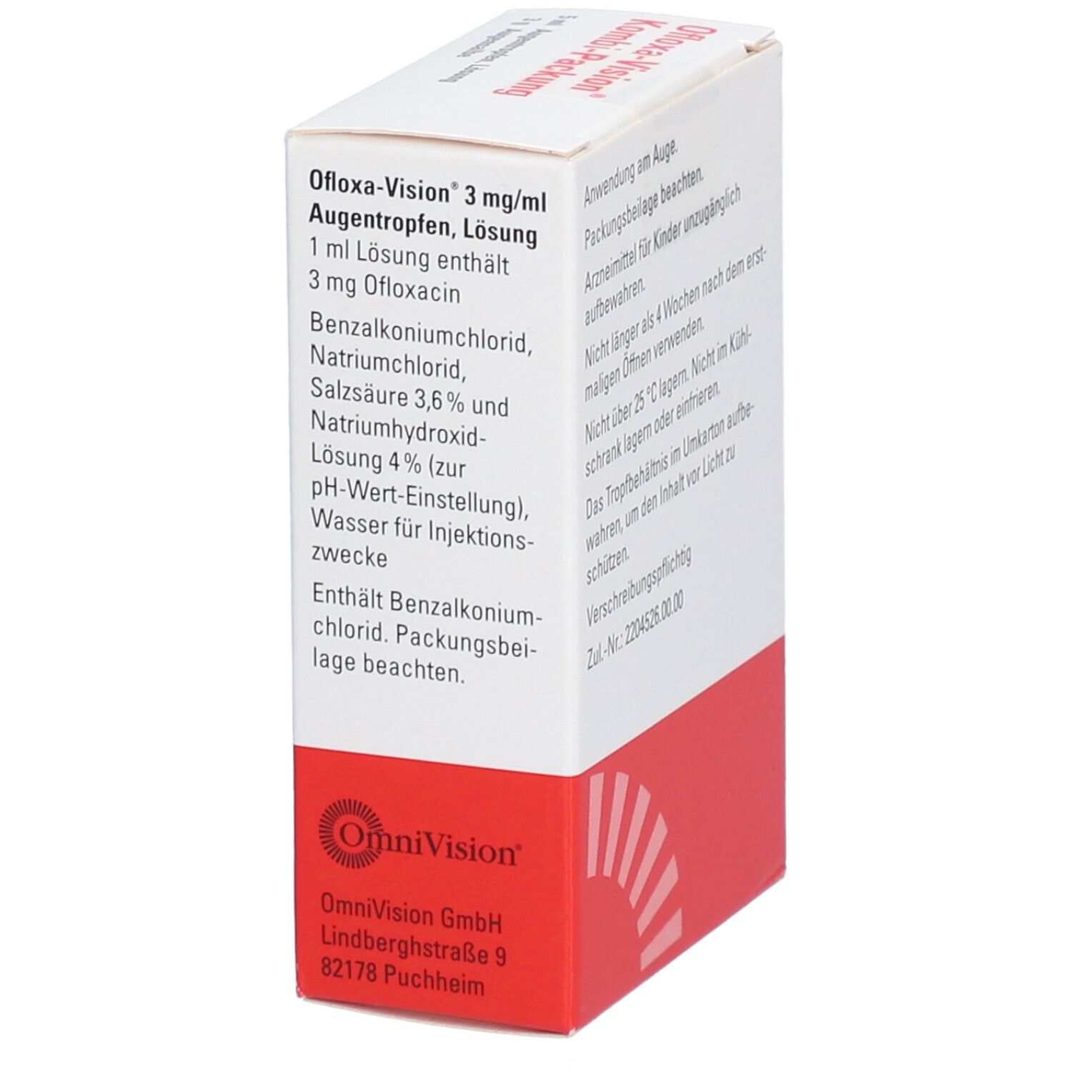 OFLOXA-Vision Kombi-Packung. Seitenansicht mit Produktinformationen und Firmenlogo.