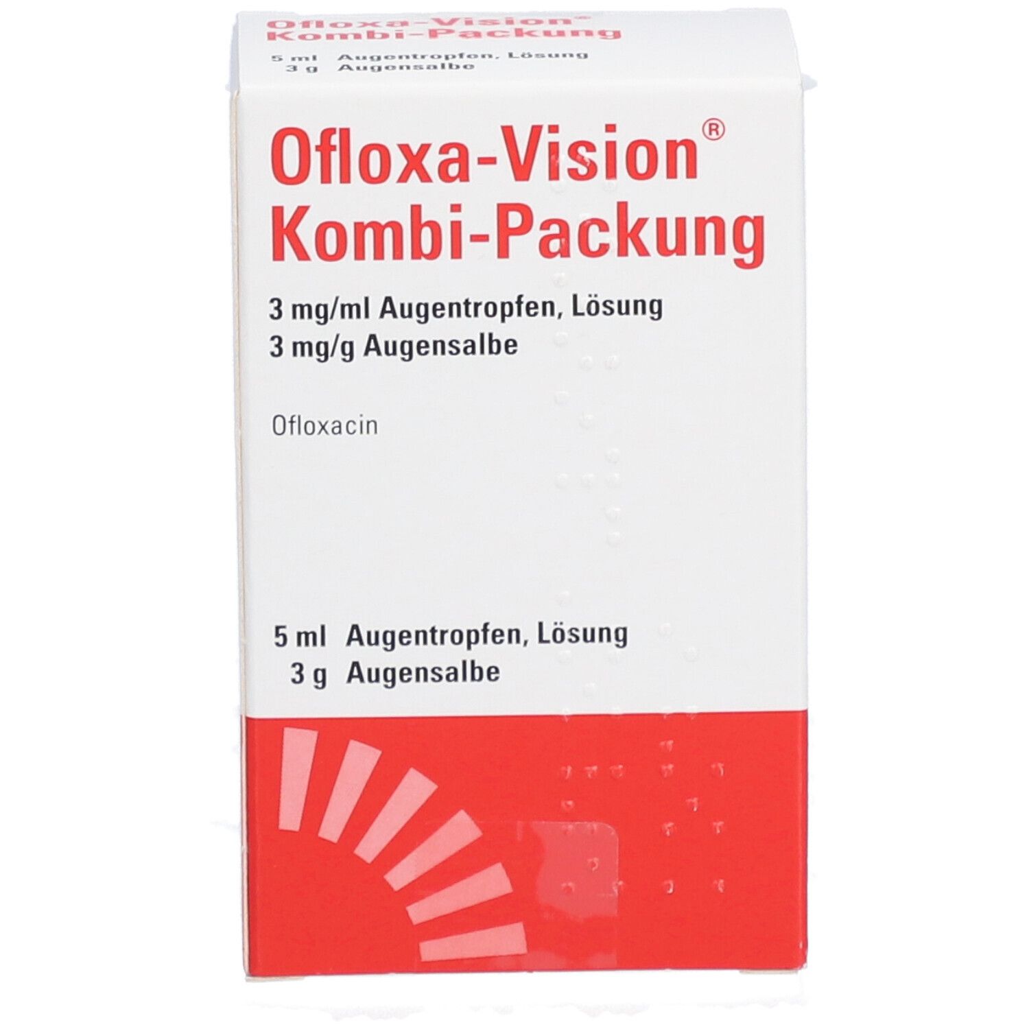 OFLOXA-Vision Kombi-Packung. Weiße Faltschachtel mit rotem Akzent. Produktinformationen und Logo.