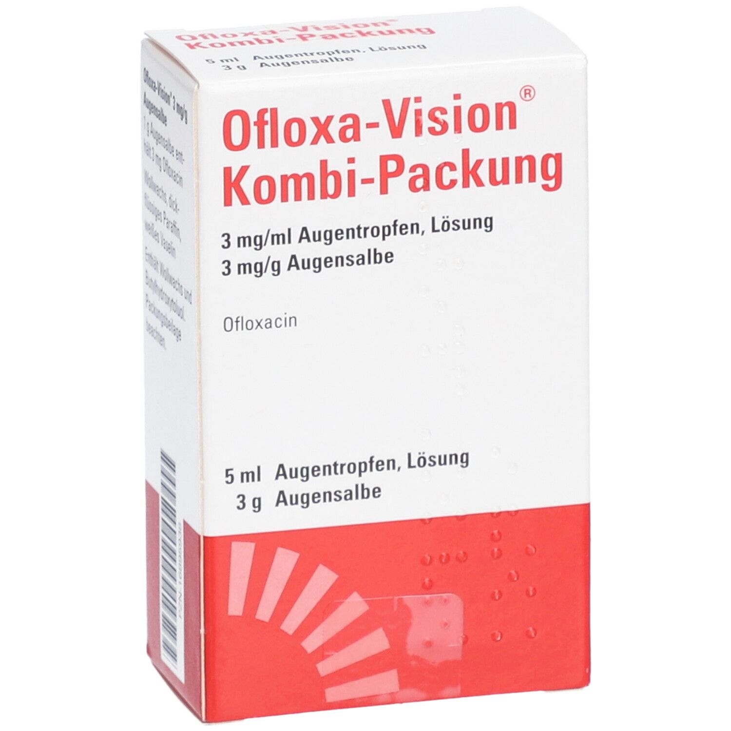 OFLOXA-Vision Kombi-Packung. Weiße Faltschachtel mit rotem Akzent. Produktinformationen und Logo.