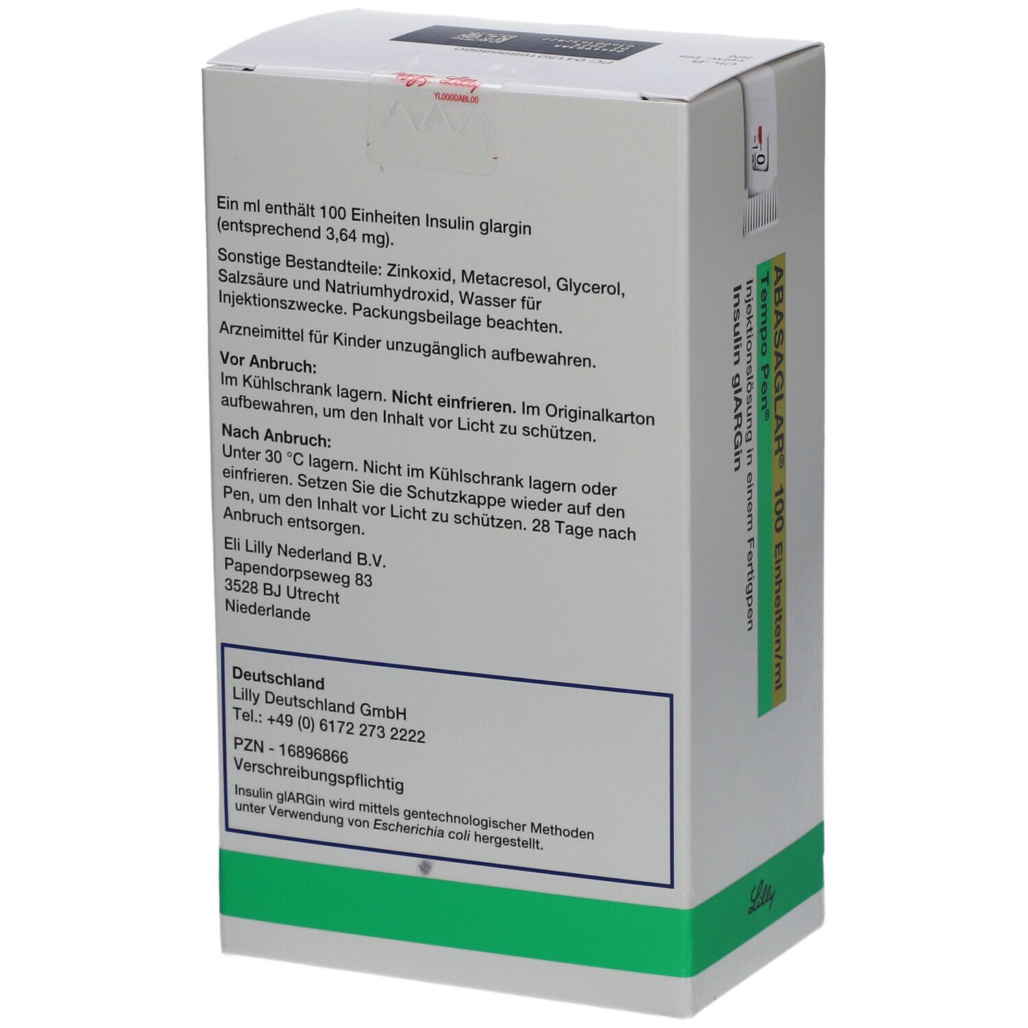 Rückseite der Schachtel ABASAGLAR 100 E/ml Tempo Pen. Text: Inhaltsstoffe, Lagerungshinweise, Herstellerinformationen.