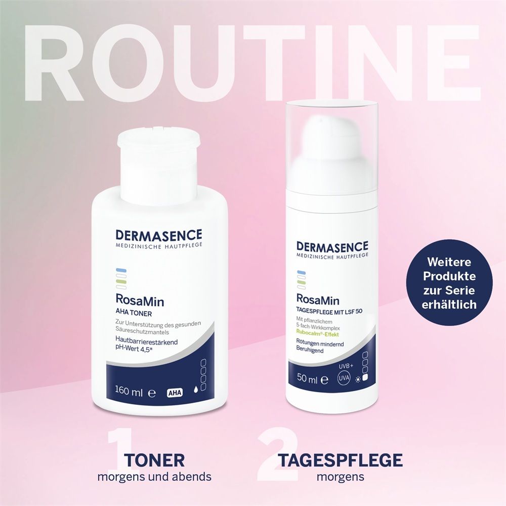 DERMASENCE RosaMin AHA Toner (160 ml) und Tagespflege mit LSF 50 (50 ml).