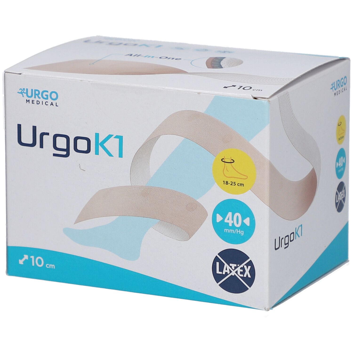 Karton von UrgoK1, 10 cm. Zeigt ein Bandage-Modell. Enthält Informationen zu Knöchelumfang und Druck.