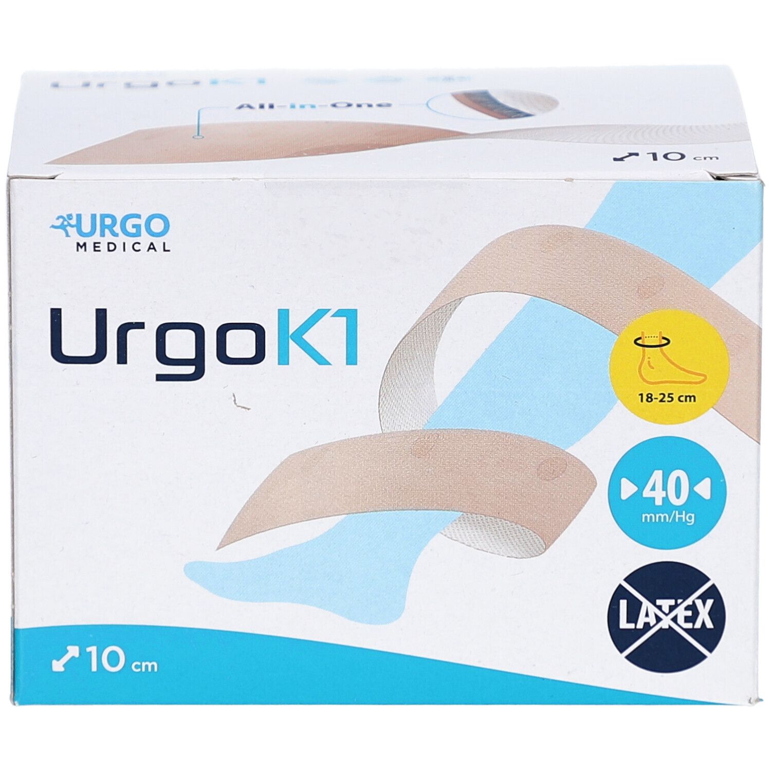 Karton von UrgoK1, 10 cm. Zeigt ein Bandage-Modell. Enthält Informationen zu Knöchelumfang und Druck.