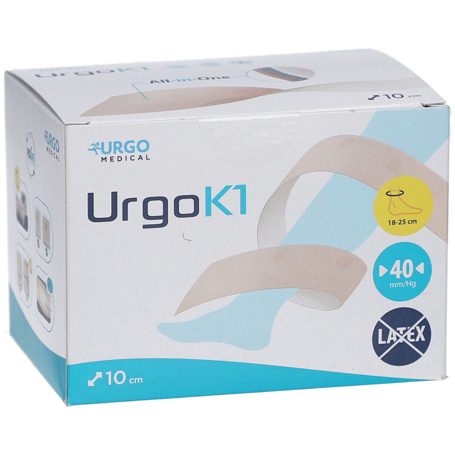 Karton von UrgoK1, 10 cm. Zeigt ein Bandage-Modell. Enthält Informationen zu Knöchelumfang und Druck.