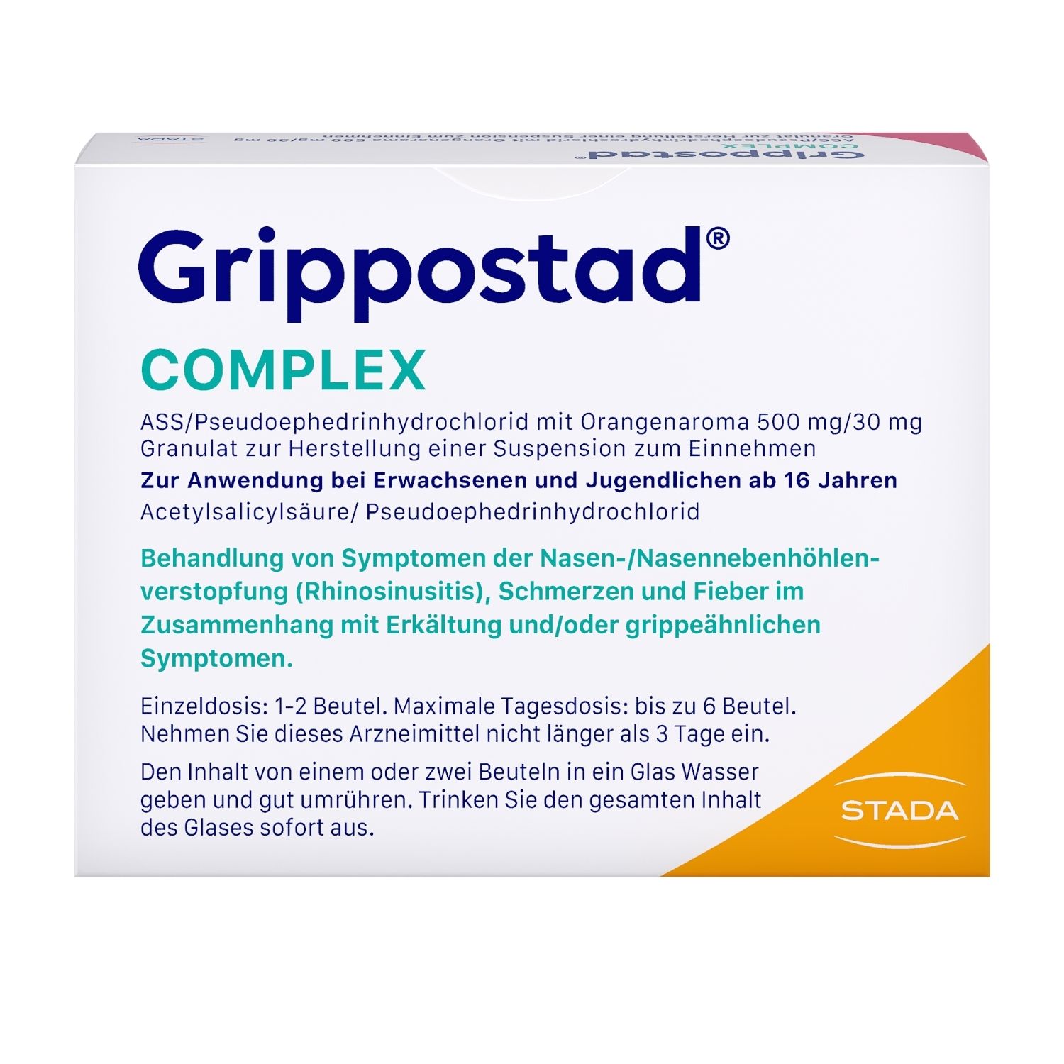 Grippostad Complex ASS/Pseudoeph.500/30 mg Orange 10 St Granulat zur Herstellung einer Susp. zum Einnehmen