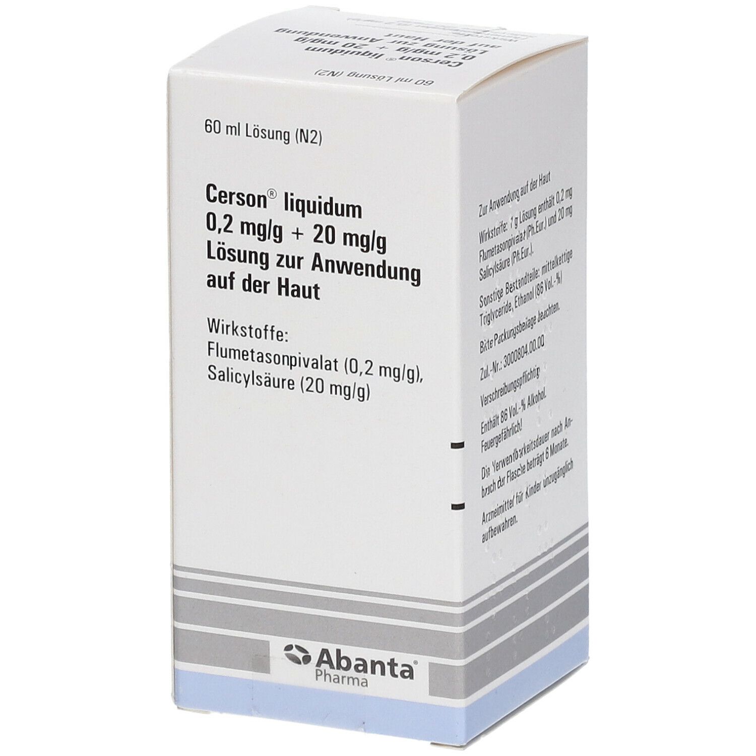 Karton mit Produktinformationen. Aufschrift: Cerson liquidum 0,2 mg/g + 20 mg/g. Abanta Pharma Logo.