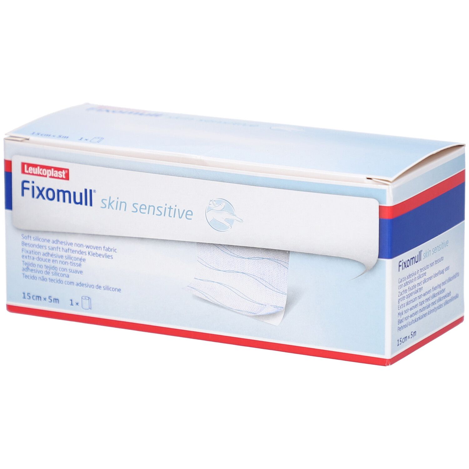 Karton FIXOMULL skin sensitive, 15cm x 5m. Weißes Produkt wird aus der Verpackung gezogen. Logo Leukoplast.
