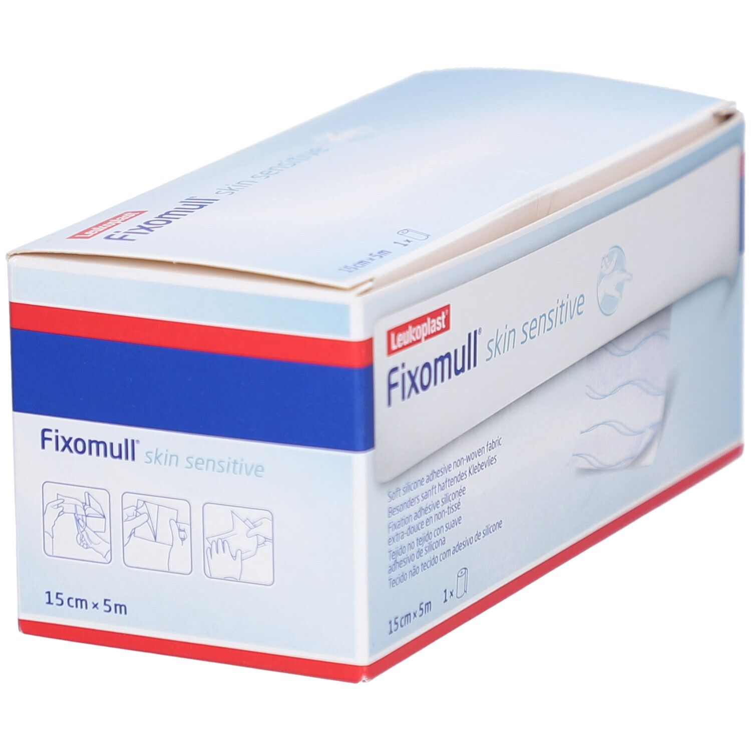 Karton FIXOMULL skin sensitive, 15cm x 5m. Logo Leukoplast. Produktbeschreibung und Anwendungsbeispiele.